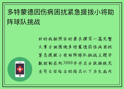 多特蒙德因伤病困扰紧急提拔小将助阵球队挑战